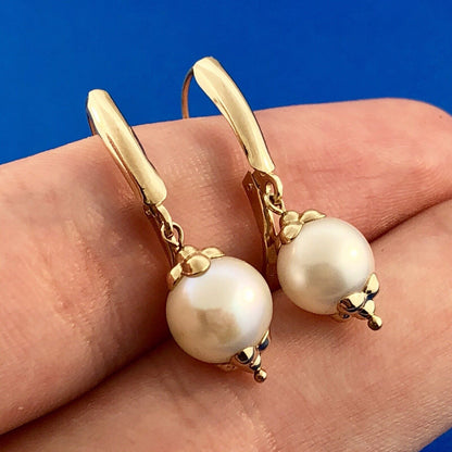 Vintage 14K Yellow Gold Pearl Wedding Birthstone Dangle French Back Earrings