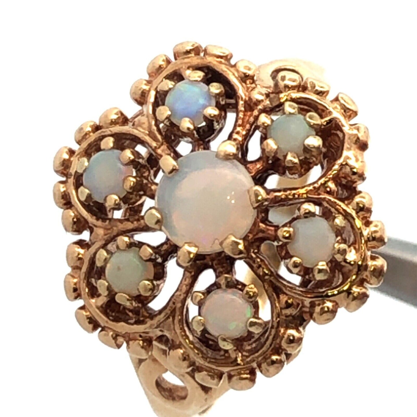 Designer ROMANY 10K Yellow Gold Opal Cabochon Flower Bead Detail Cocktail Ring