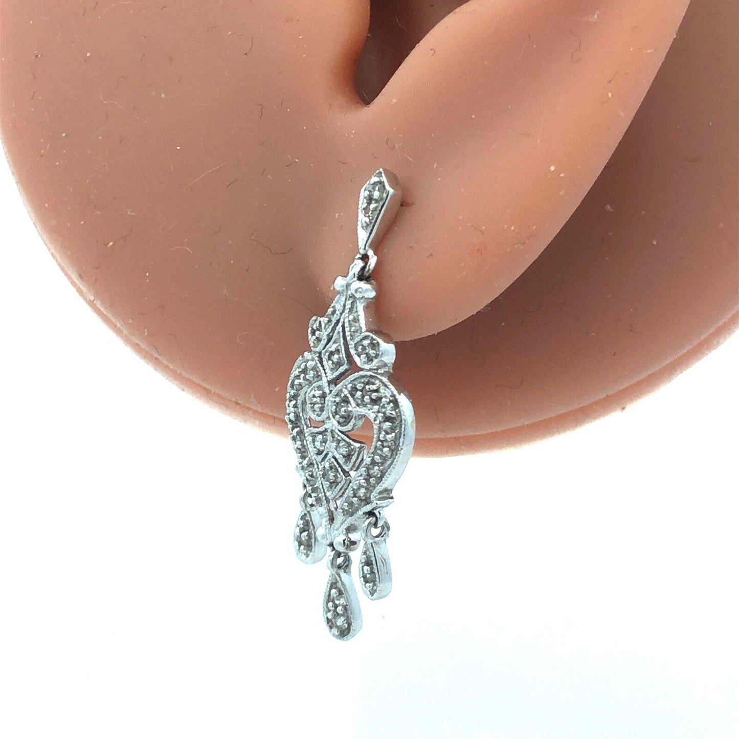 Estate 14K White Gold Diamond Filigree Drop Dangle Chandelier Heart Earrings