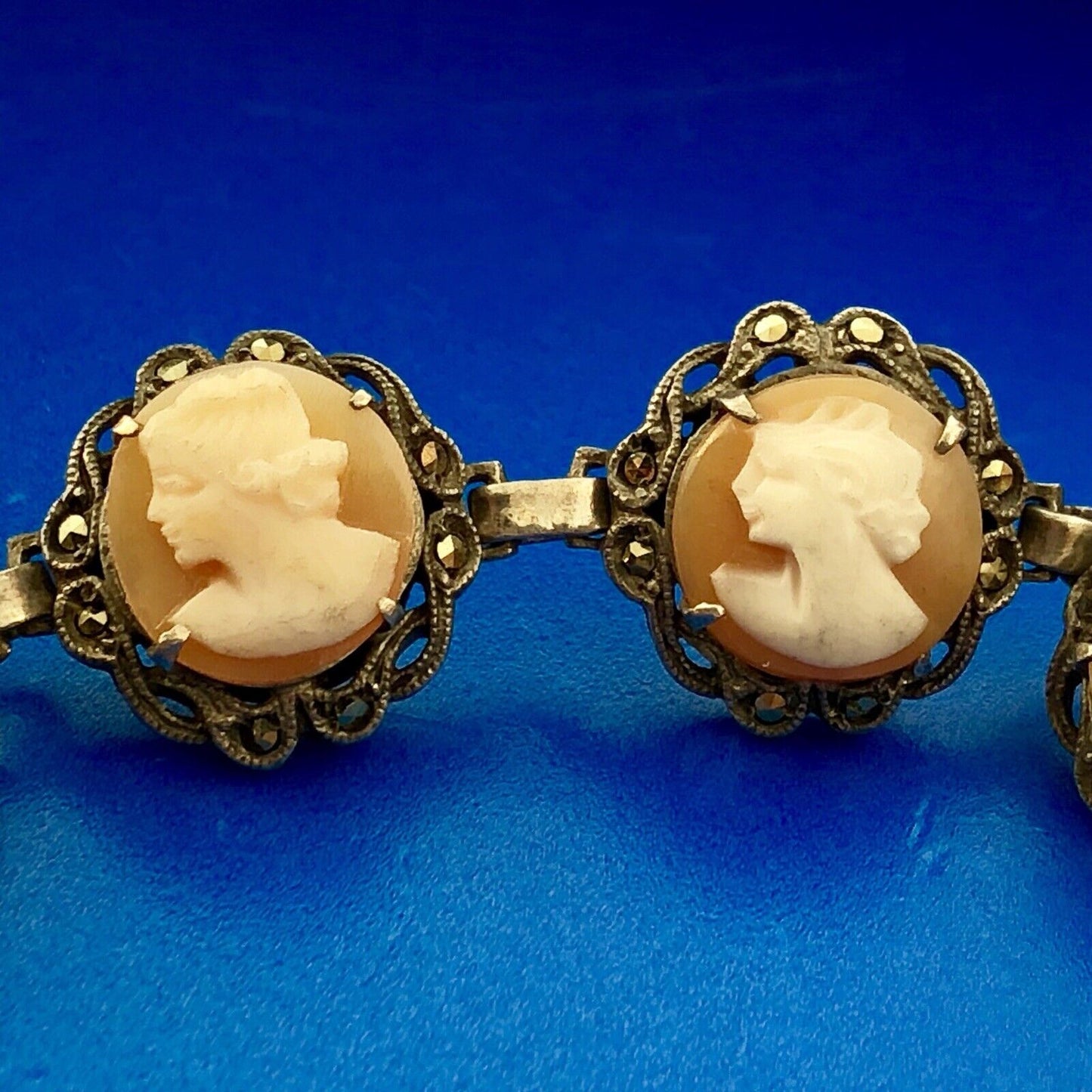 Art Deco Sterling Silver 925 Carved Cameo Marcasite Accented Panel Bracelet
