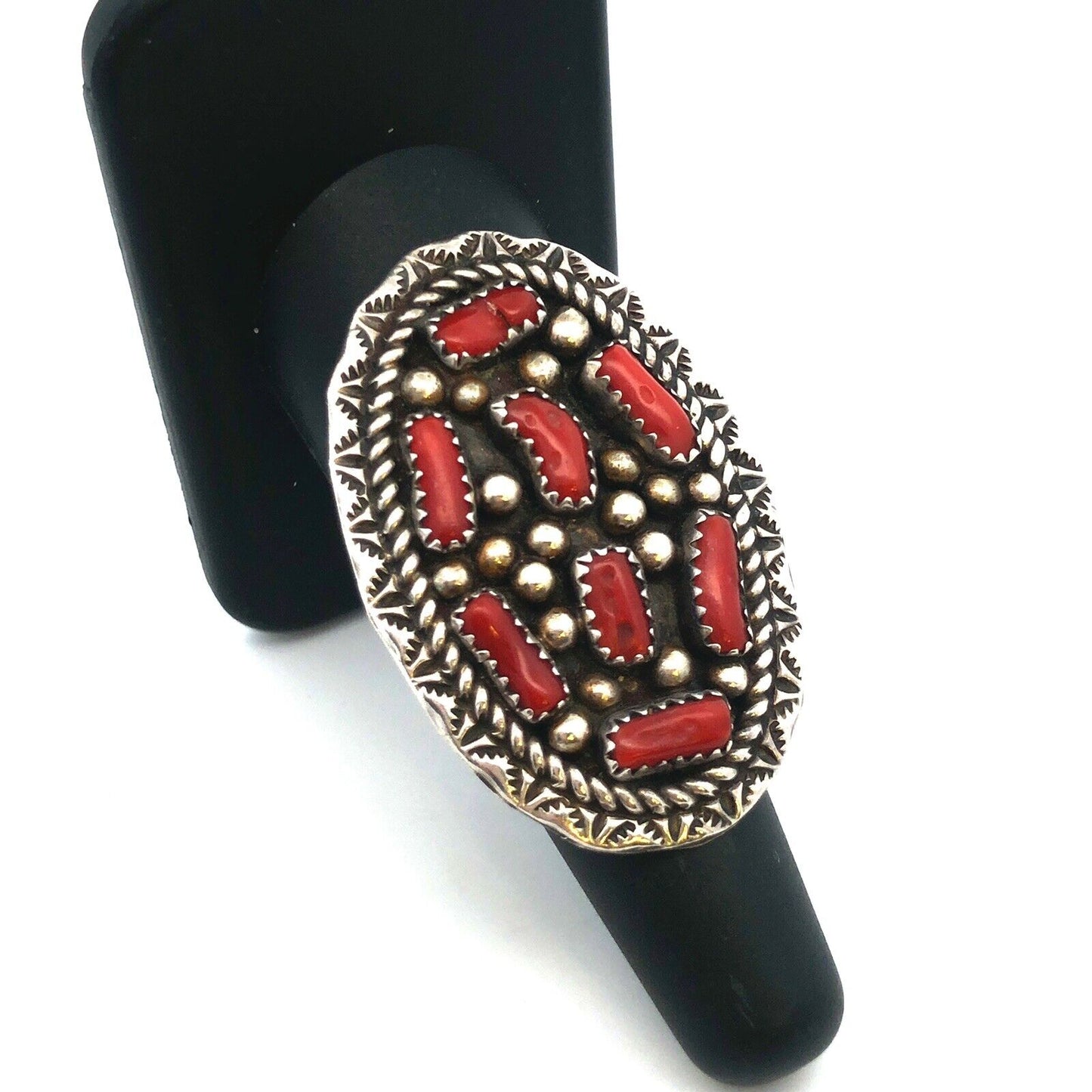 Native American 925 Sterling Silver Red Coral Statement Oval Full Finger Ring