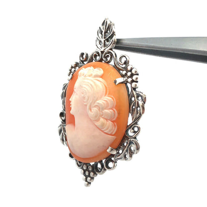 Estate Kabana 925 Sterling Silver Oval Cameo Vines And Grapes Statement Pendant