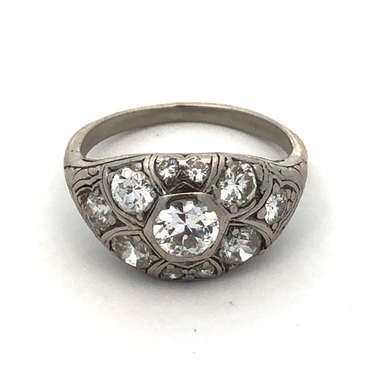 Vintage Platinum Round Diamond Cluster Anniversary Ring