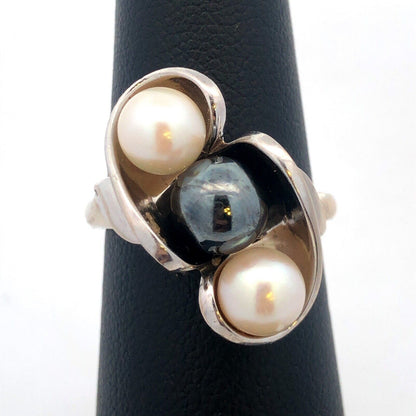 Designer 10K White Gold Hematite Bead White Pearl Trio Free Form Modernist Ring