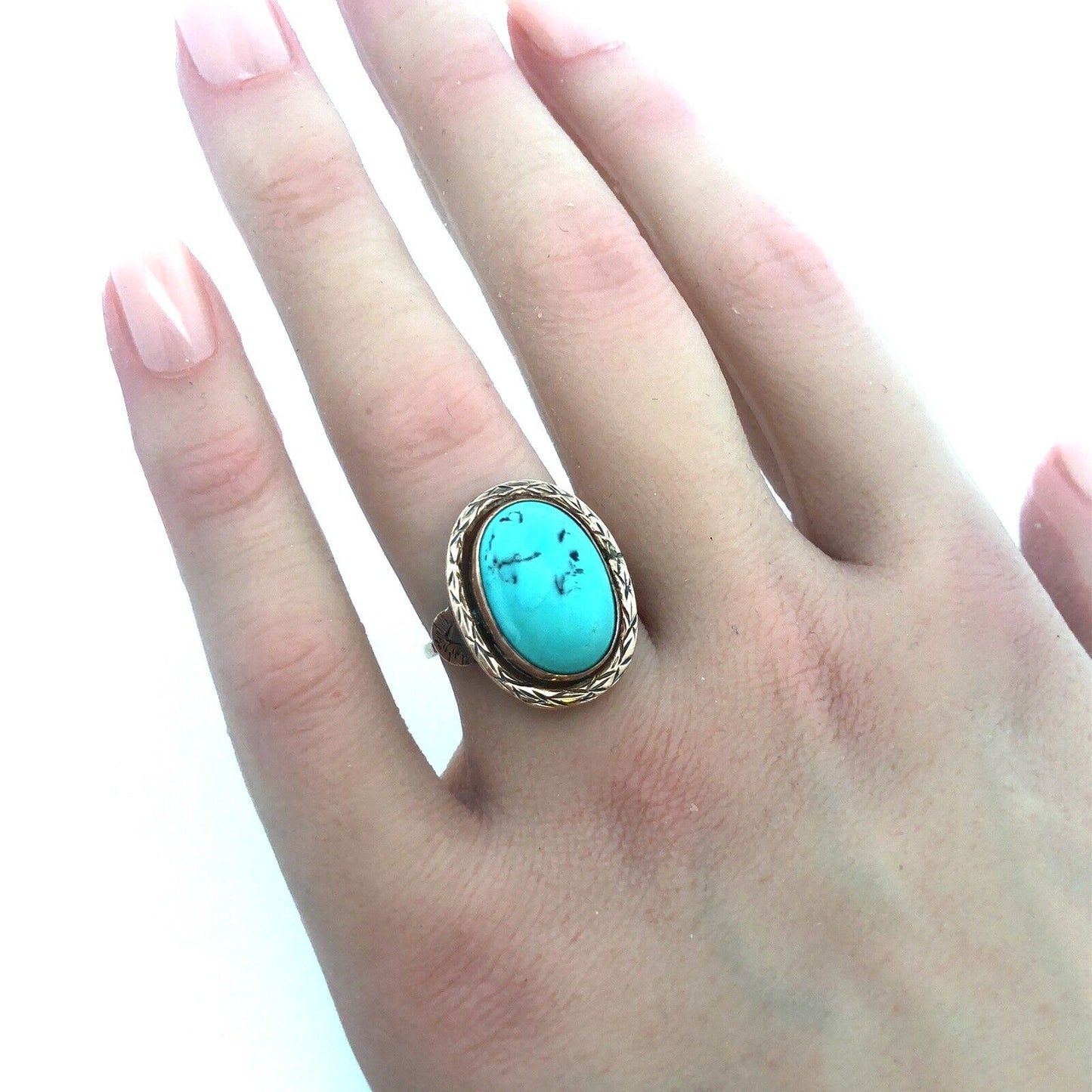Old Pawn Native American 10K Yellow Gold Oval Turquoise Cabochon Dome Ring