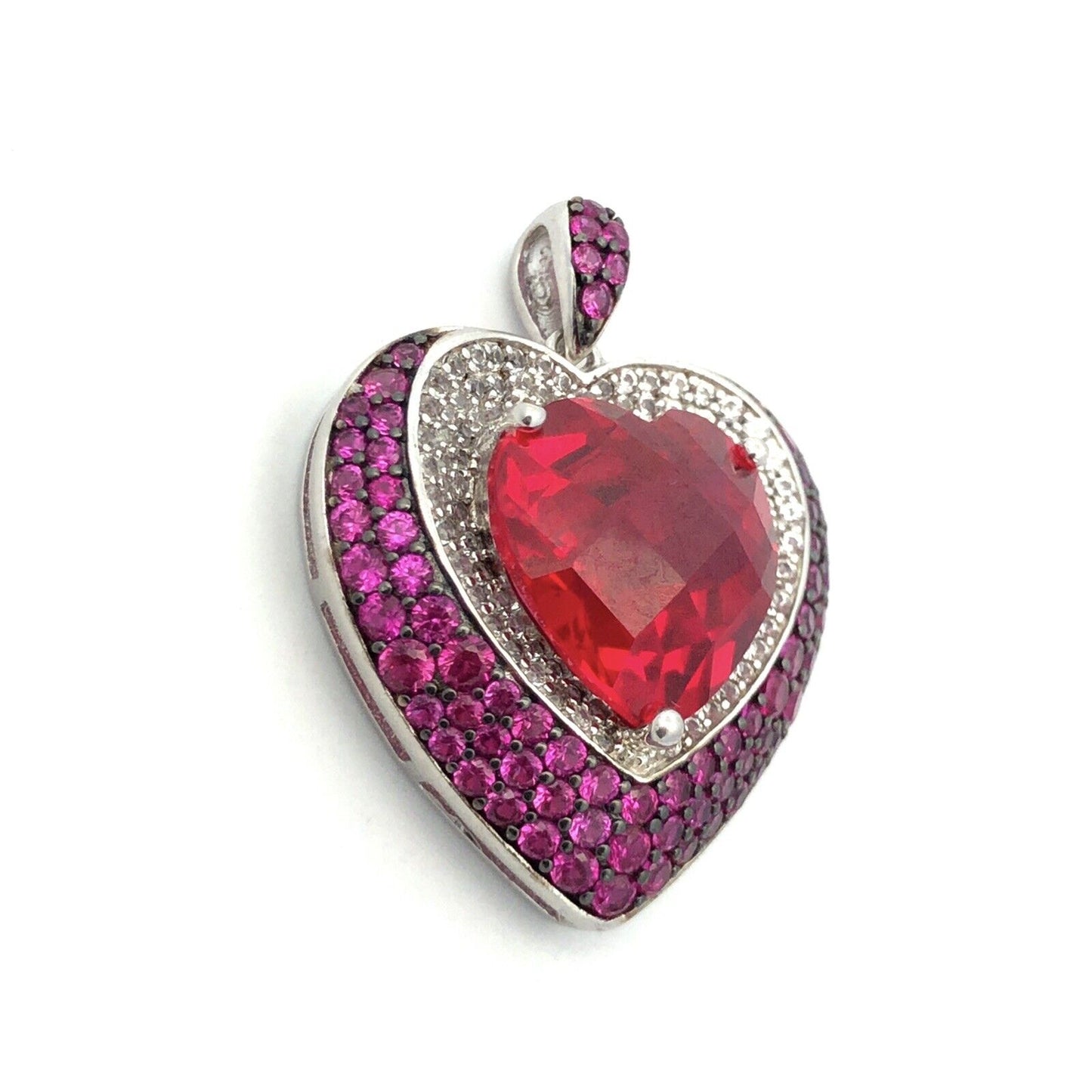 Designer PAM 925 Sterling Silver Red Pink Spinel Diamond Heart Statement Pendant