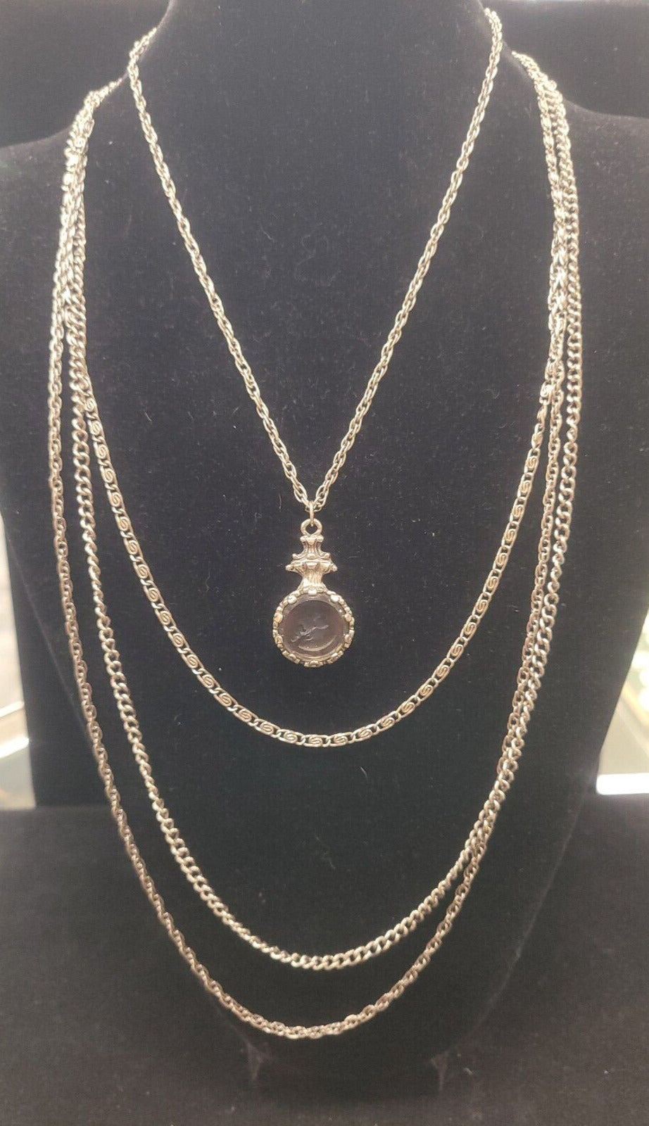1960'S Goldette Silver Tone Smoky Glass Incused Cameo Layered Chain Necklace