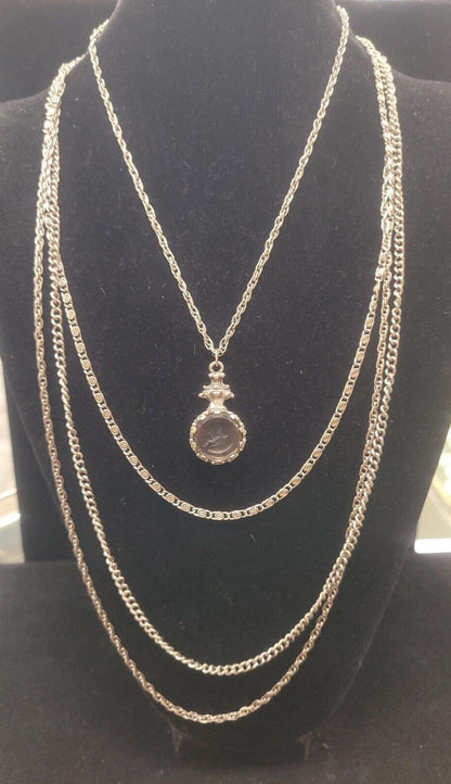 1960'S Goldette Silver Tone Smoky Glass Incused Cameo Layered Chain Necklace