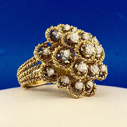 Stunning 18K Yellow Gold Diamond Floral Cluster Empire Setting Statement Ring