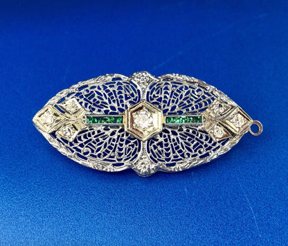 Art Deco 14K White Gold Diamond Emerald Floral Filigree Bar Pin Brooch Pendant