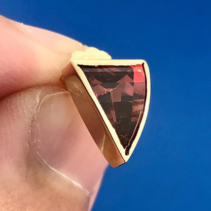 Modernist 14K Yellow Gold Rhodolite Garnet Trilliant January Stud Earrings