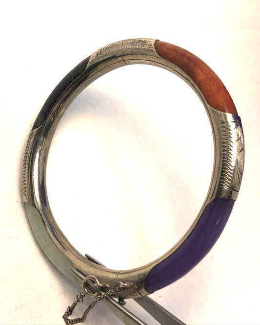 Sterling Silver 925 Green Lavender Black & Red Jade Cabochon Bangle Bracelet