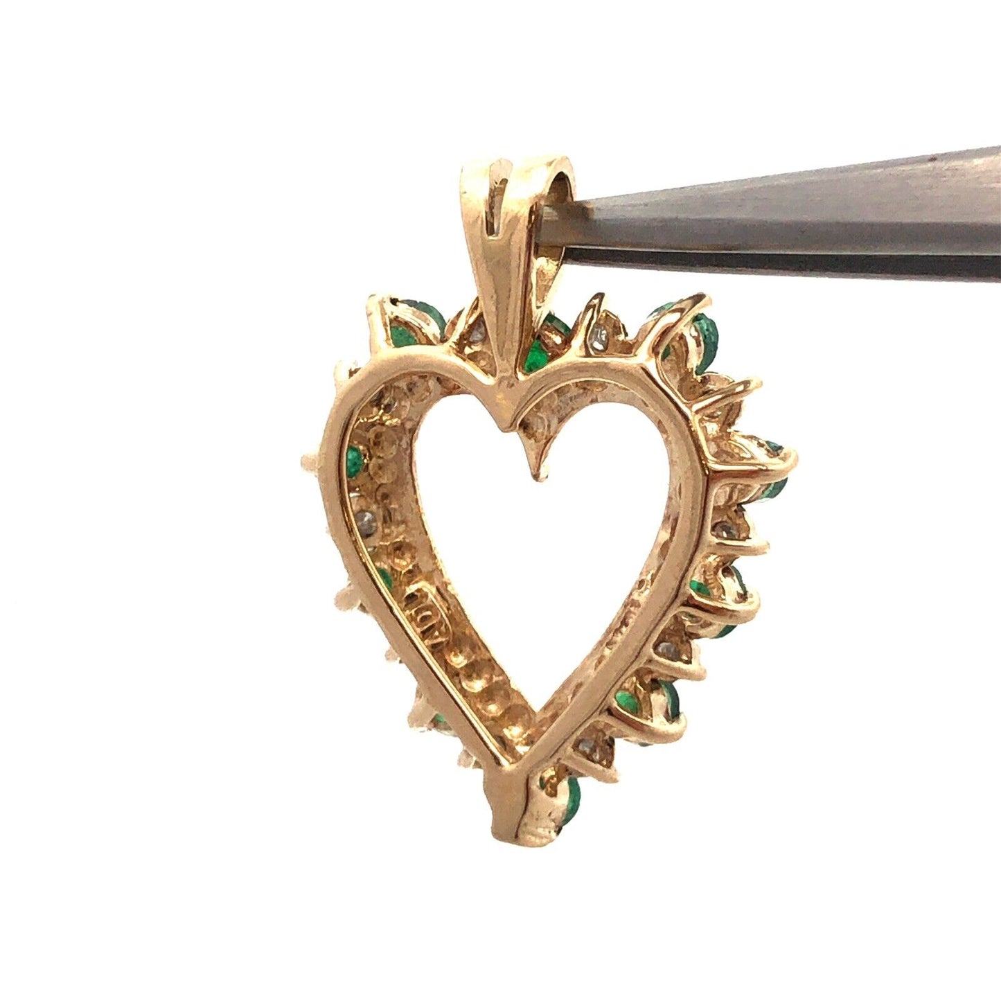 Vintage 10K Yellow Gold Round Emerald Diamond Accent Heart Anniversary Pendant