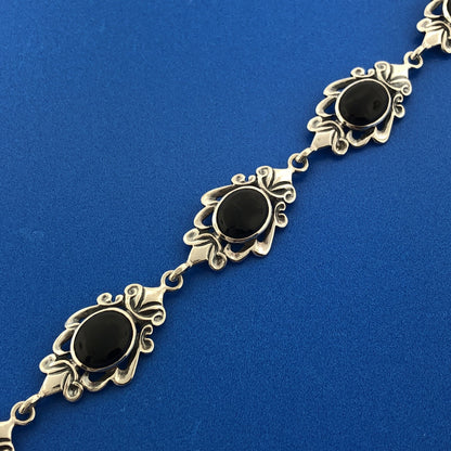 Estate Designer Sterling Silver 925 Black Onyx Scroll Panel Link Bracelet