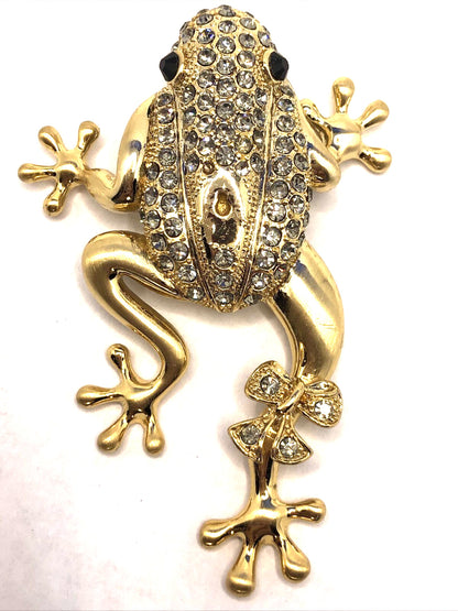 Estate Andrew Hamilton Crawford Rhinestone Gold Tone 3D Frog Statement Pendant