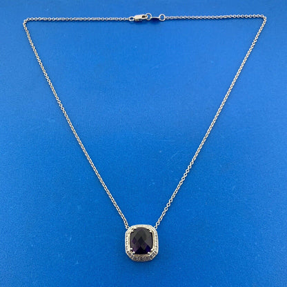 18k White Gold Faceted Purple Amethyst Diamond Accent 16.5" Chain Necklace