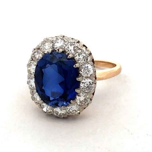 Estate 14K Yellow Gold Lab Created Blue Sapphire Diamond Halo Statement Ring