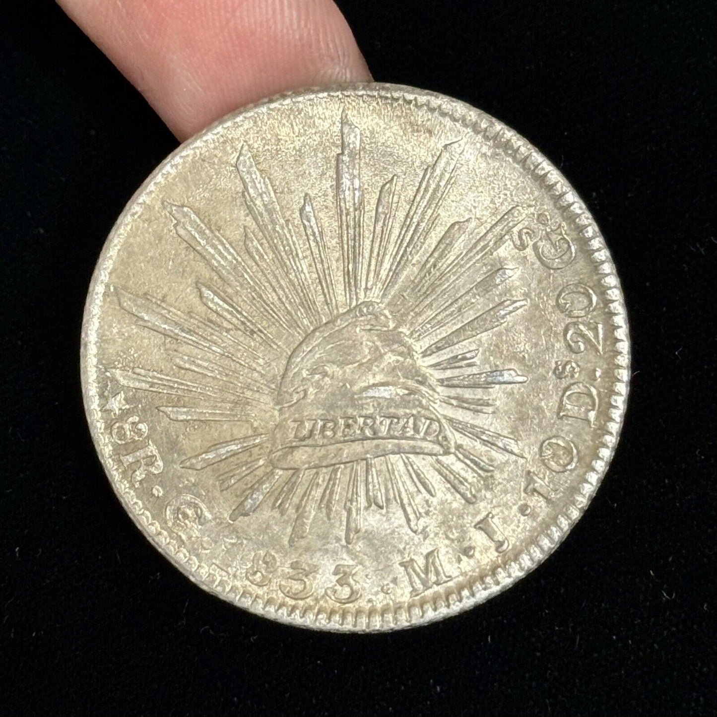 1833 Go Guanajuato  MJ Mexico Silver 8 Reales Three Dots After Date Straight J