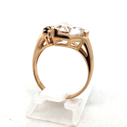 14K Yellow Gold Designer Trillion Cut White Topaz Blue Sapphire Accent Ring