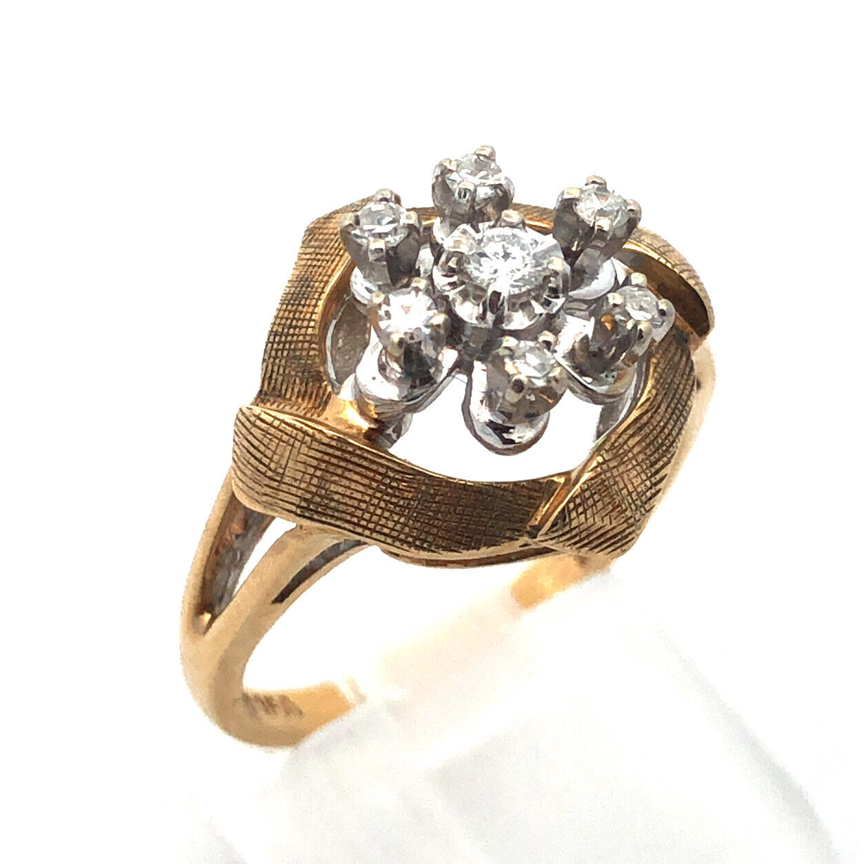 Designer OFA 14k Yellow Gold Round Cut Diamond Cluster Openwork Ring Size 6.25