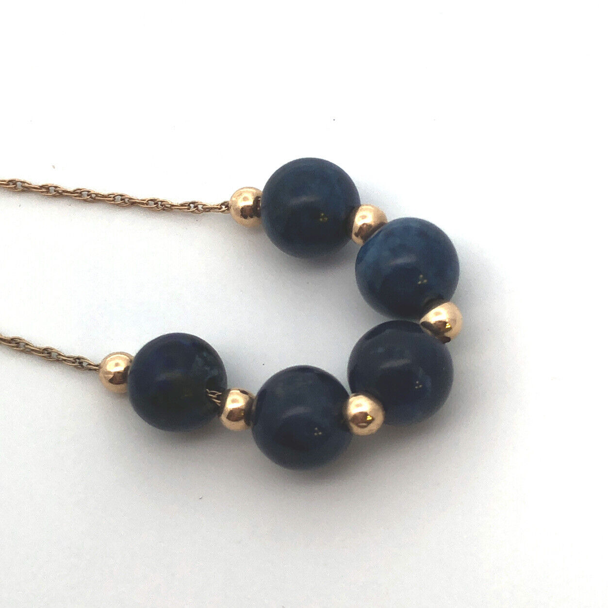 Designer 14K Yellow Gold Round Lapis Lazuli Beaded Chain Necklace