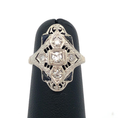 Vintage Art Deco 14K White Gold Diamond Lab Created Sapphire Filigree Oval Ring