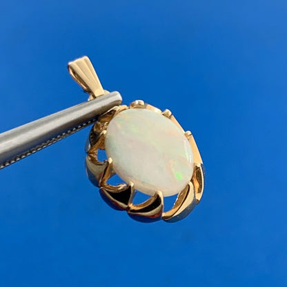 Designer 14K Yellow Gold Oval Opal October Anniversary Pendant
