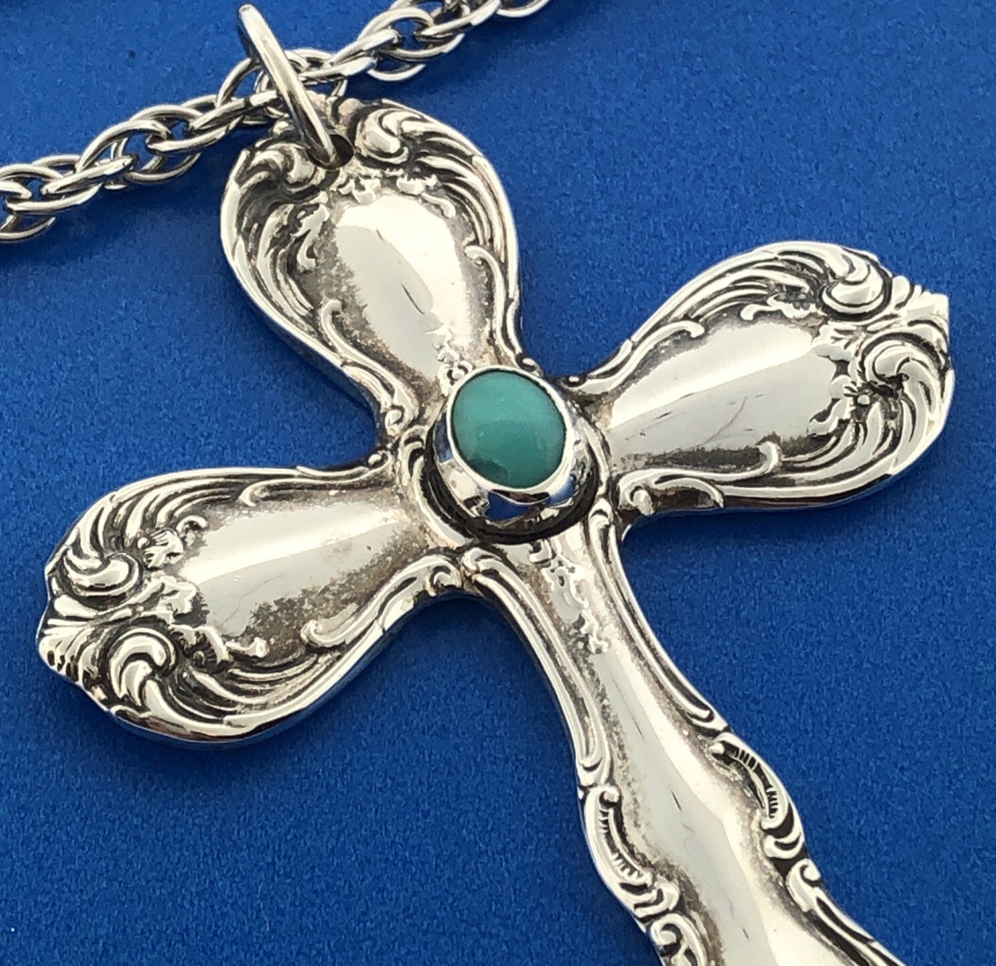 Vintage 925 Towle Old Master Turquoise Cross Religious Easter Statement Necklace