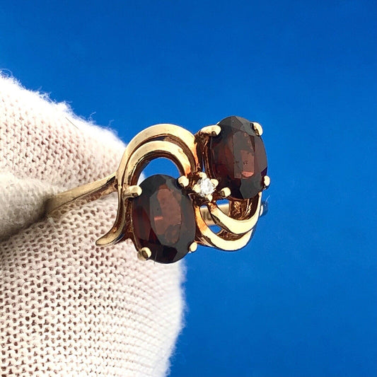 Retro Designer 10K Yellow Gold Garnet Diamond January Anniversary Bypass Ring
