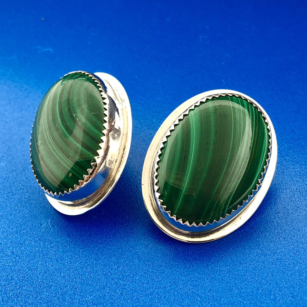 Native American Artisan Sterling Silver Oval Malachite Statement Stud Earrings