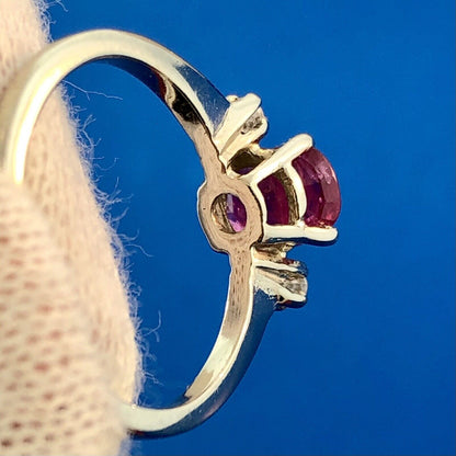 Vintage 14K White Gold Oval Ruby Solitaire Diamond Accent July Anniversary Ring