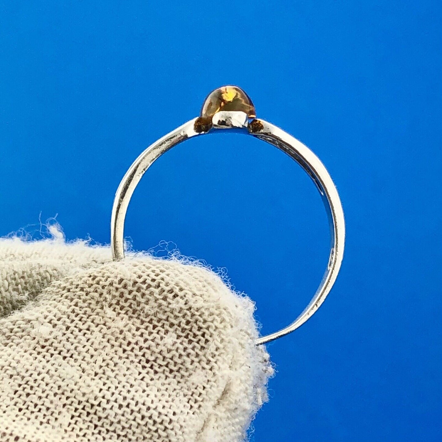 Modernist 925 Sterling Silver Oval Amber Cabochon Ring