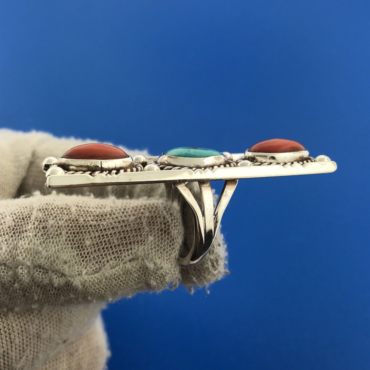 Native American Artisan Sterling Silver Coral Turquoise Rectangle Statement Ring