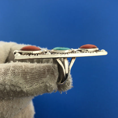 Native American Artisan Sterling Silver Coral Turquoise Rectangle Statement Ring