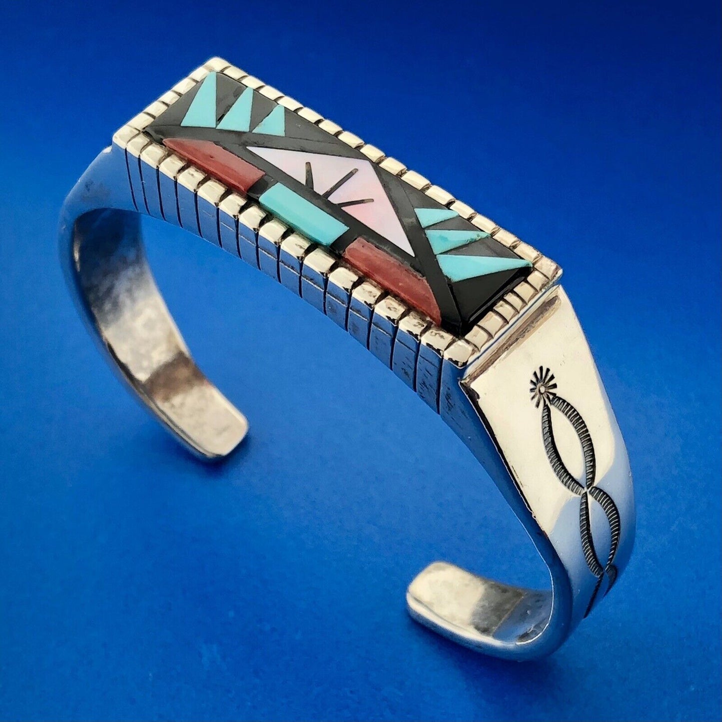 Rare Kee Montoya Navajo Sterling Silver Multi Gem Inlay Statement Cuff Bracelet