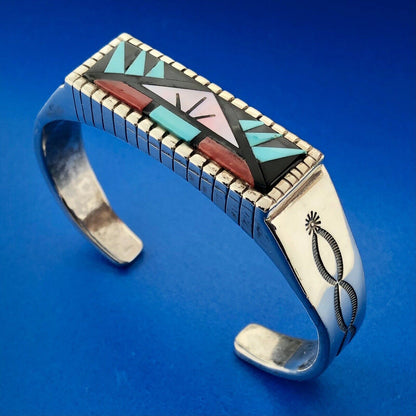 Rare Kee Montoya Navajo Sterling Silver Multi Gem Inlay Statement Cuff Bracelet