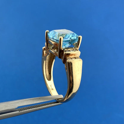 14K Yellow Gold Blue Topaz Diamond December Anniversary Statement Cocktail Ring
