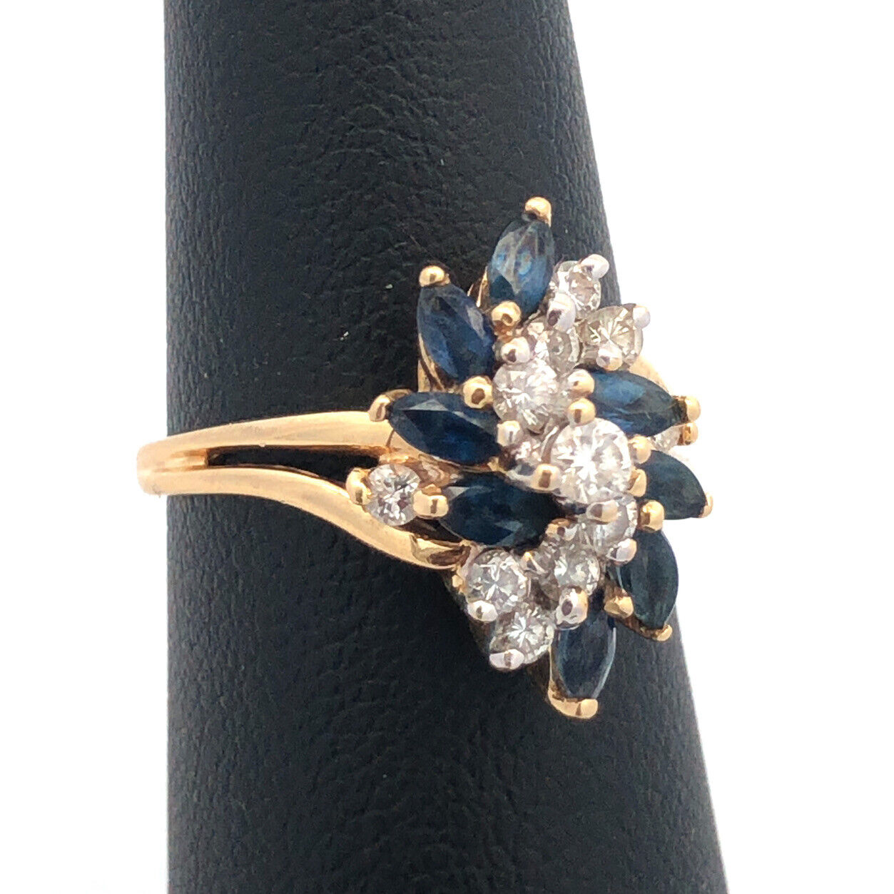 Designer 14K Yellow Gold Diamond Sapphire Wave Waterfall Cluster Cocktail Ring