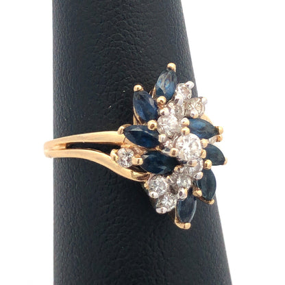 Designer 14K Yellow Gold Diamond Sapphire Wave Waterfall Cluster Cocktail Ring