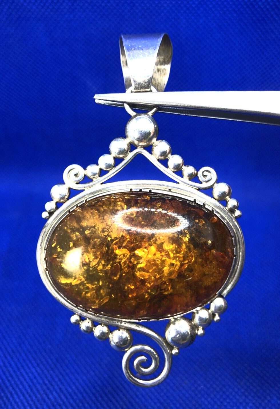 Vintage 925 Sterling Silver Oval Amber Open Scroll Statement Pendant
