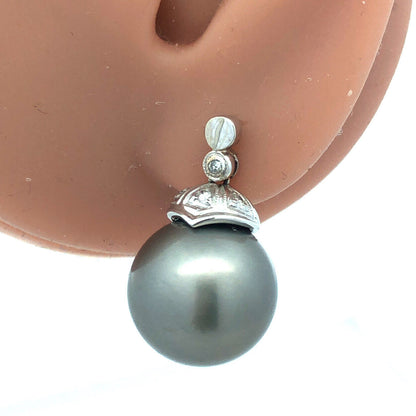 Gorgeous 14k White Gold Gray Pearl Round Cut Diamond Dangle Earrings 13.5mm