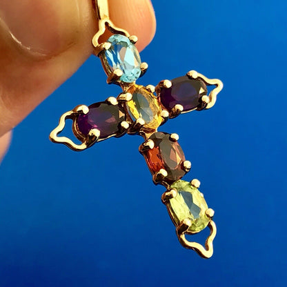 Vintage 10K Yellow Gold Multi Gemstone Cross Pendant