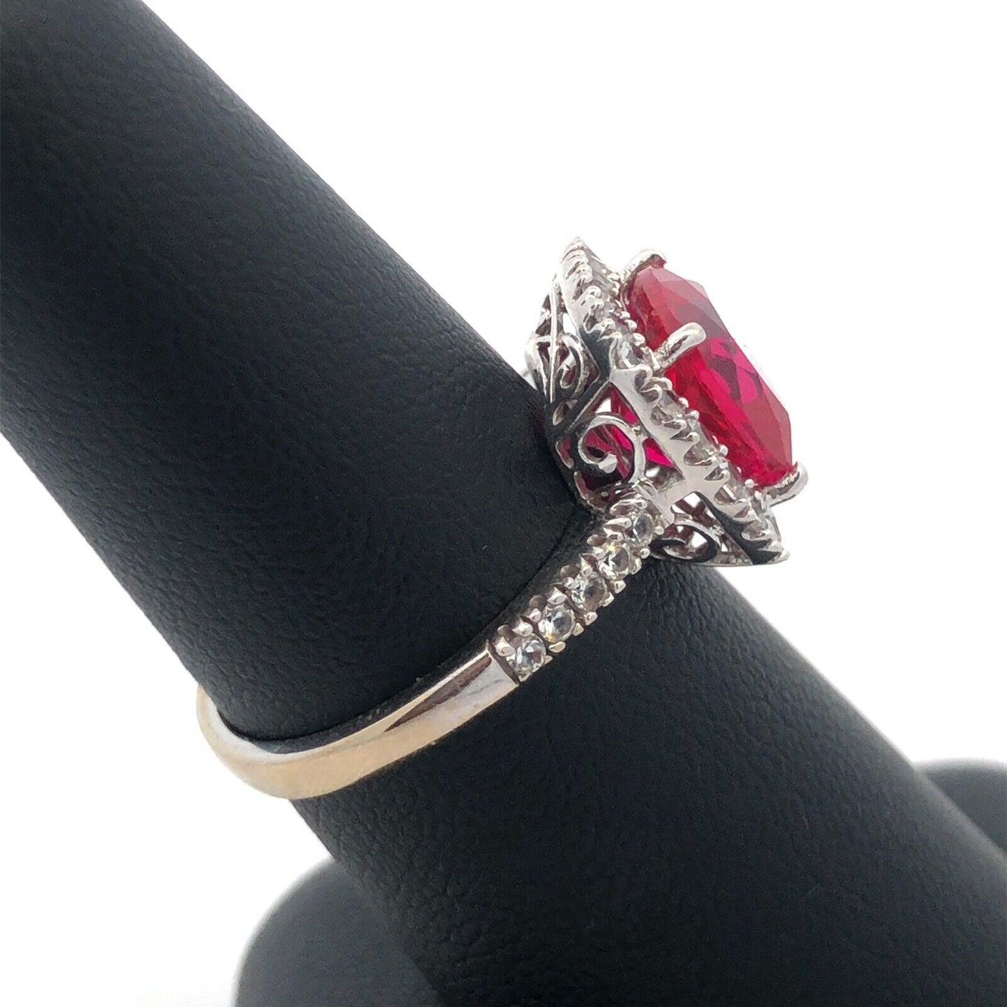 10k White Gold Lab Created Ruby Diamond Halo Engagement Anniversary Ring