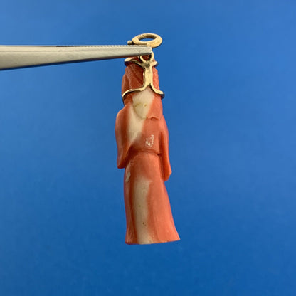 Gorgeous 14k Yellow Gold Carved Coral Chinese Eastern Wise Man Dangle Pendant