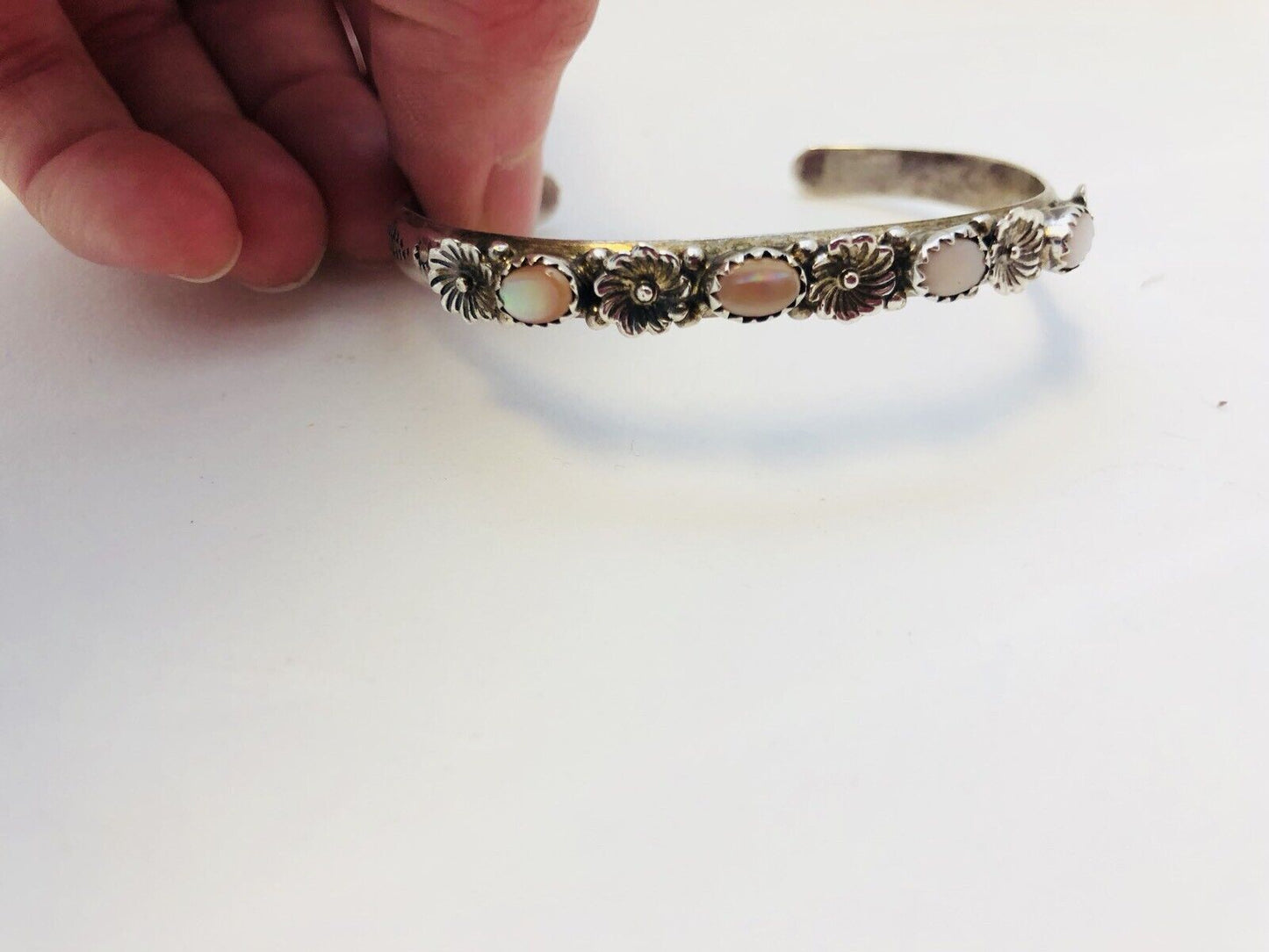 Navajo Running Bear R.B. Sterling Silver Pink Mother Of Pearl Flower Bracelet