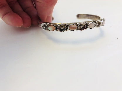 Navajo Running Bear R.B. Sterling Silver Pink Mother Of Pearl Flower Bracelet