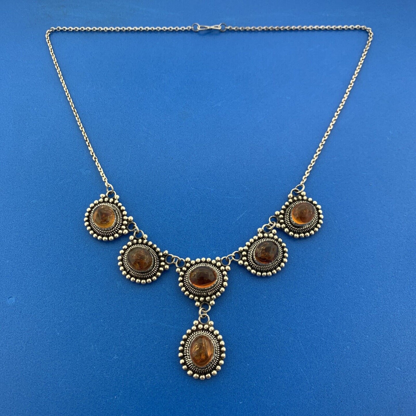 Vintage 925 Sterling Silver Oval Amber Cabochon Bead Work Drop Necklace