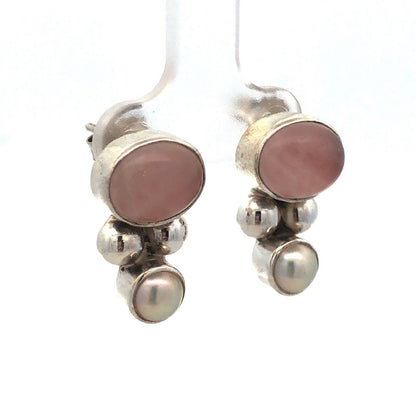 Vintage 925 Sterling Silver Oval Rose Quartz Pearl Drop Stud Earrings