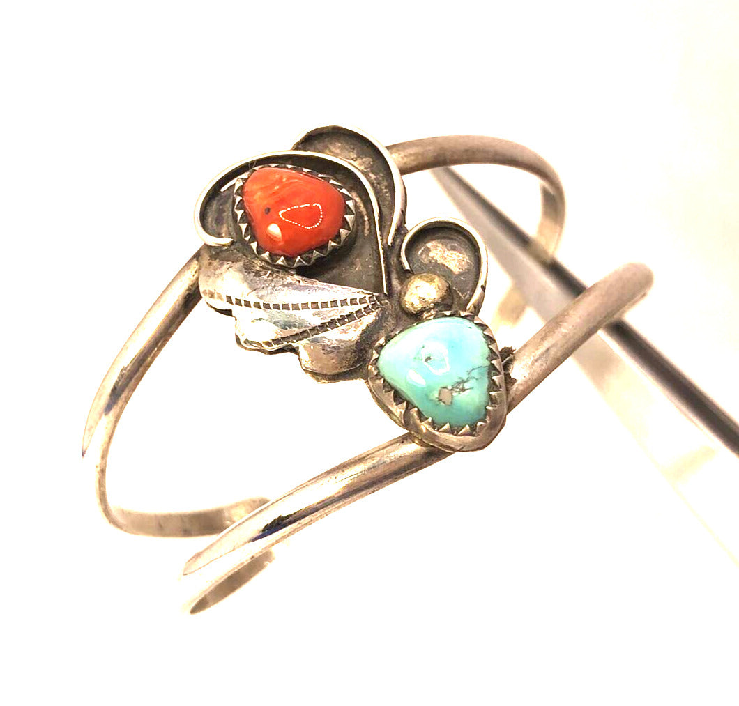 Old Pawn 925 Sterling Silver Squash Blossom Turquoise & Coral Open Cuff Bracelet