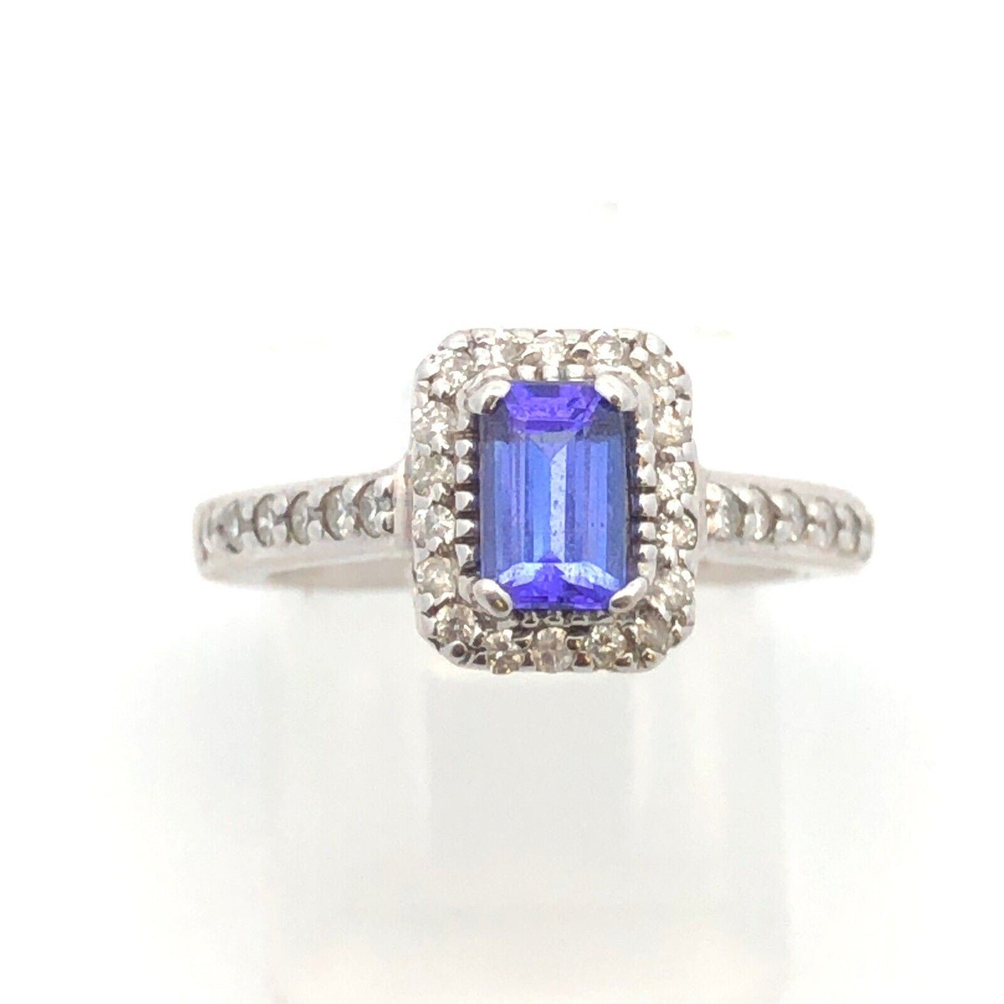 Designer 14K White Gold Emerald Cut Tanzanite Diamond Halo Engagement Ring